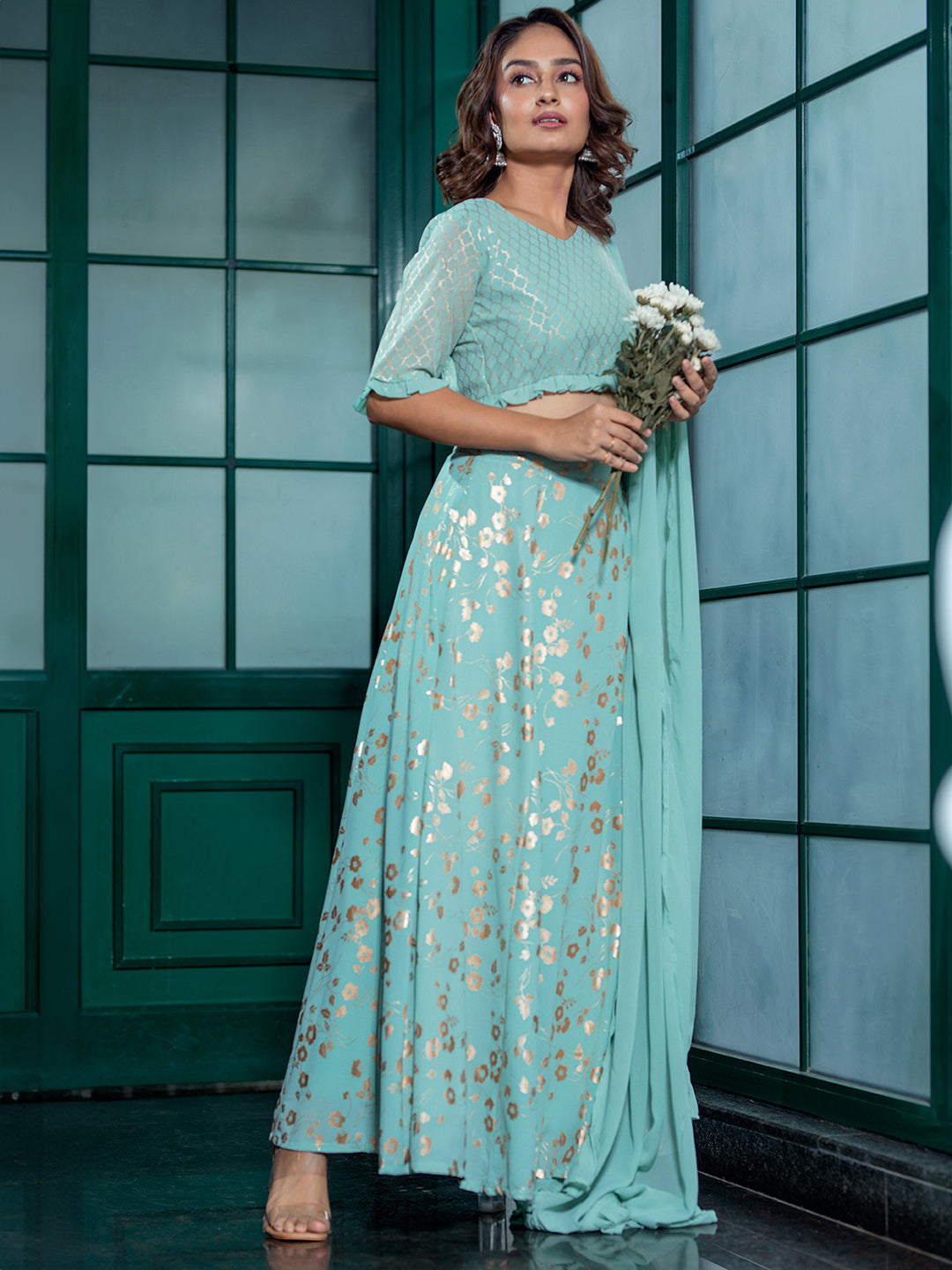 Mint Green Gold print Lehenga Choli & dupatta