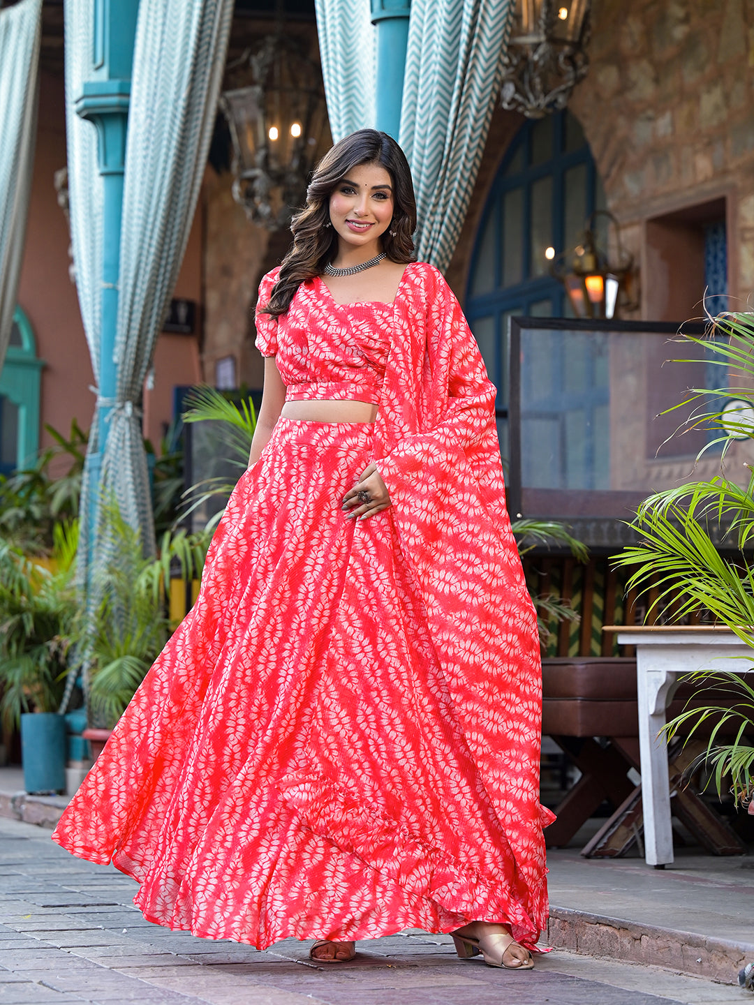 Red Kota Doria Lehenga Choli with One-Shoulder Blouse