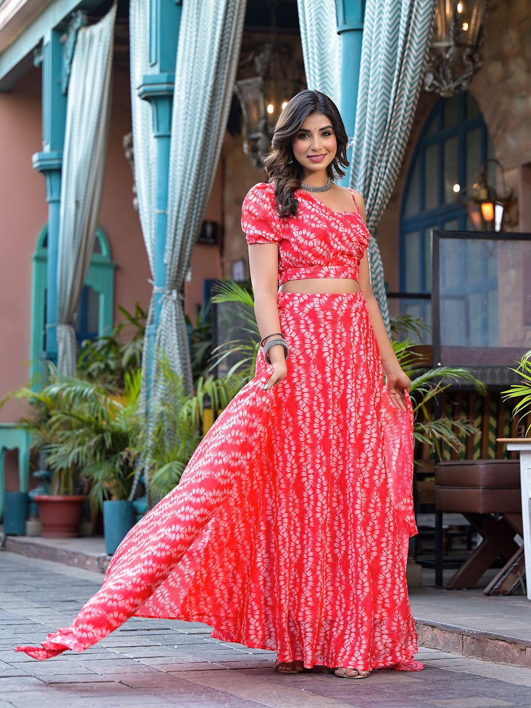 Red Kota Doria Lehenga Choli with One-Shoulder Blouse