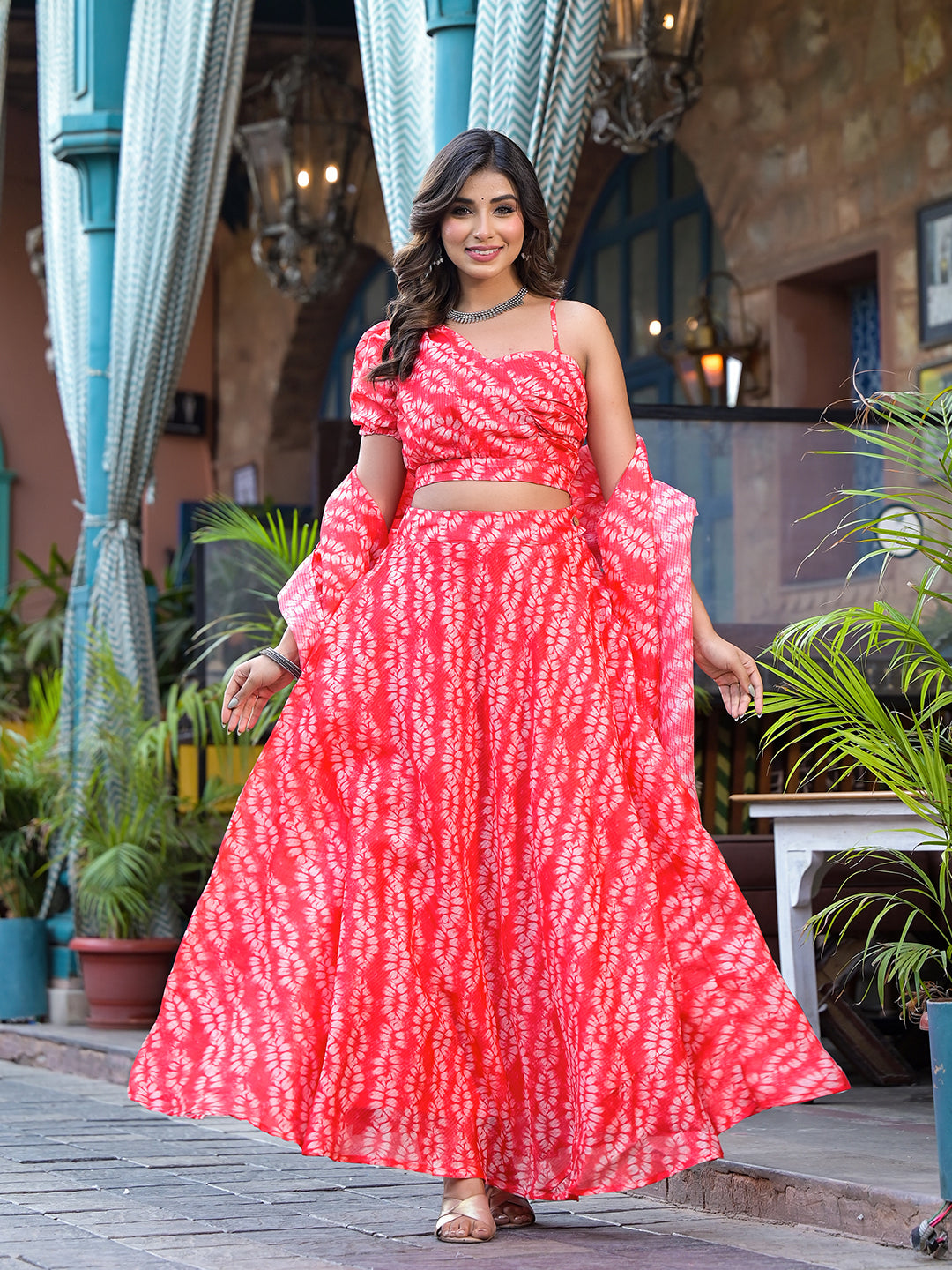 Red Kota Doria Lehenga Choli with One-Shoulder Blouse