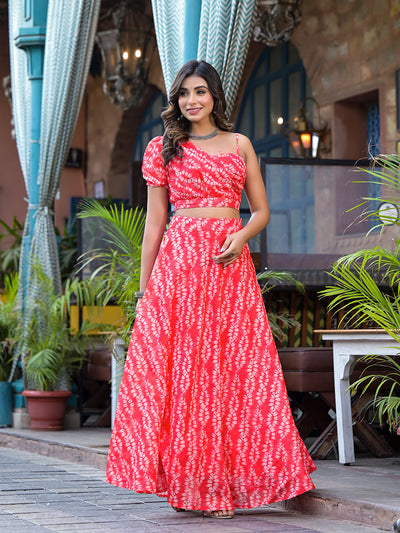 Red Kota Doria Lehenga Choli with One-Shoulder Blouse