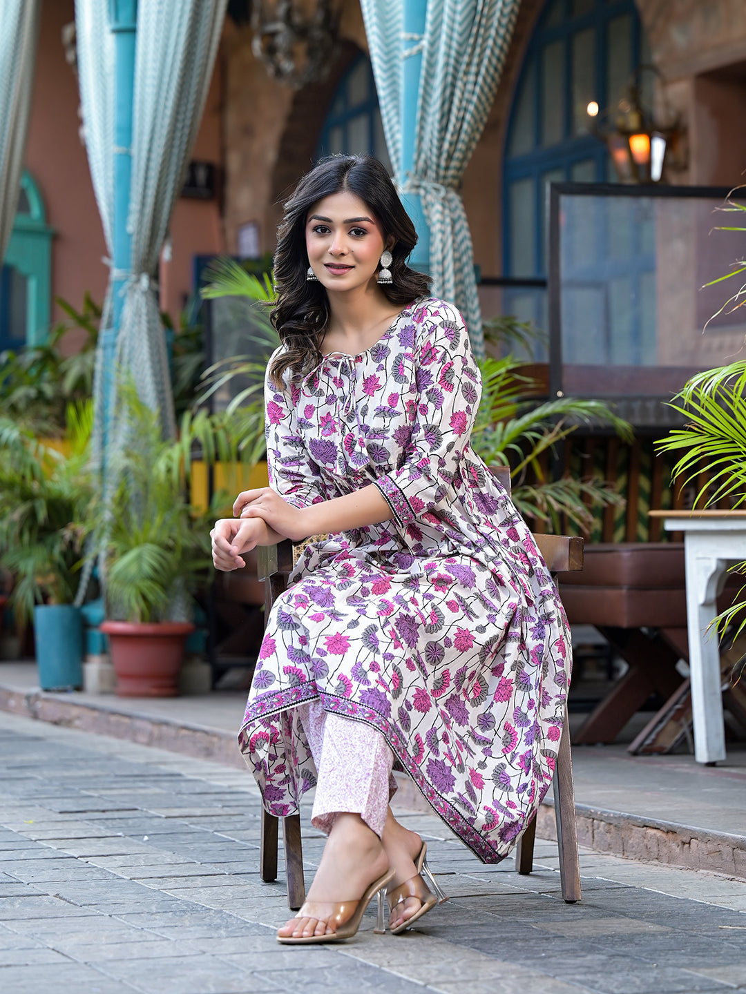 Off-White A-Line Kurta set with Soft pick Floral Print