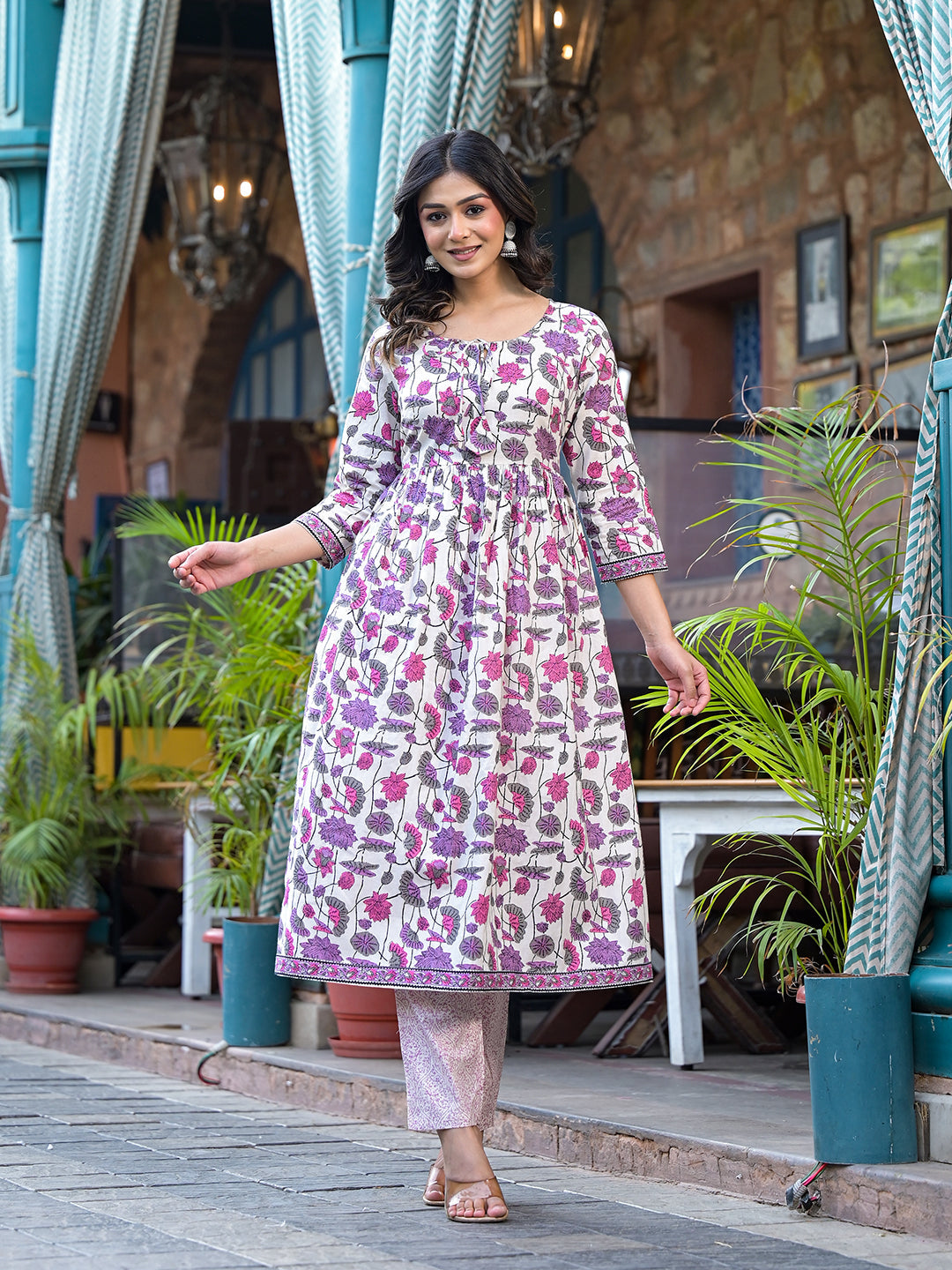 Off-White A-Line Kurta set with Soft pick Floral Print