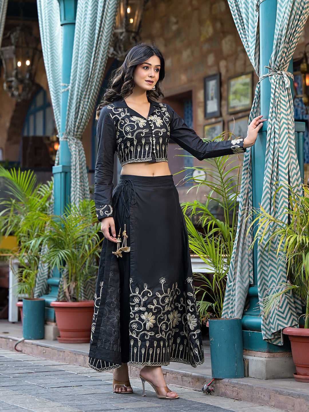 Black Gota Embroidered Pant Style Lehenga