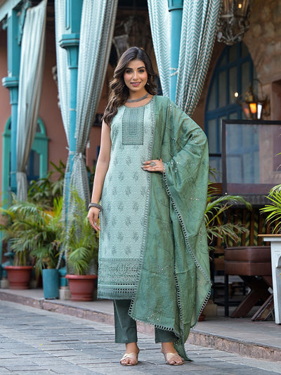 Green Schifli Kurta Set with Mirror Work Dupatta