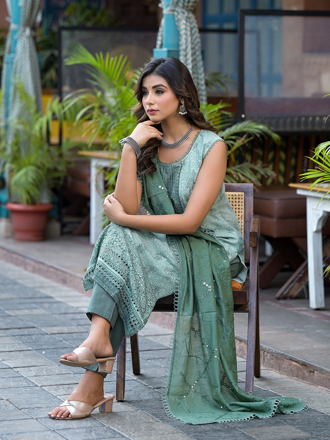 Green Schifli Kurta Set with Mirror Work Dupatta