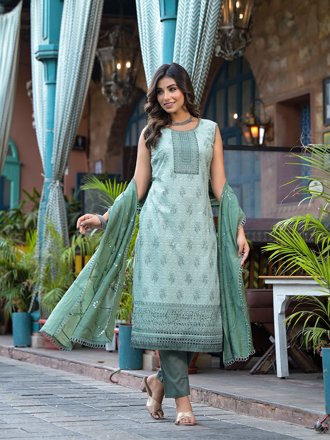 Green Schifli Kurta Set with Mirror Work Dupatta