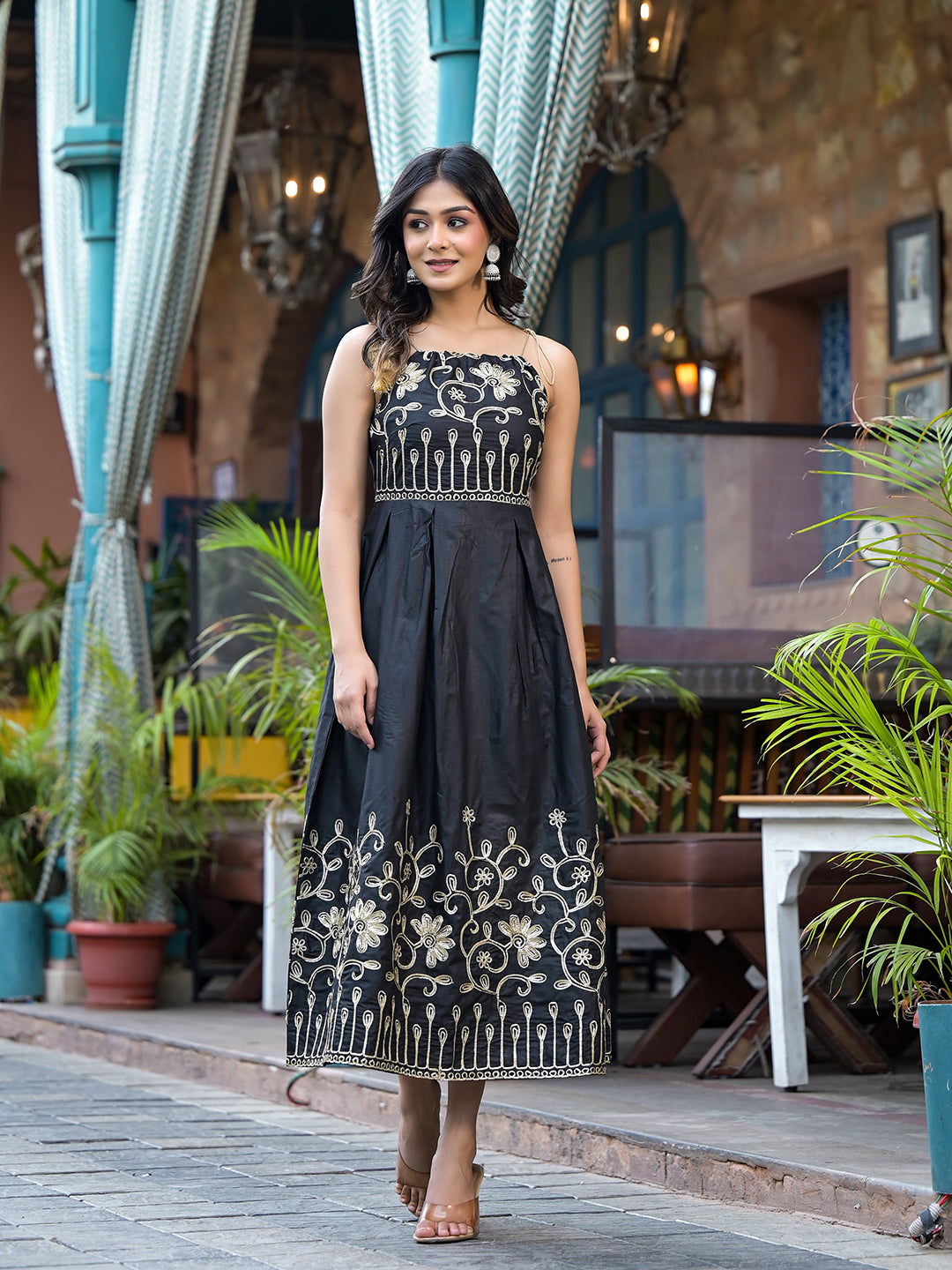 Black Gota Embroidered Midi Dress