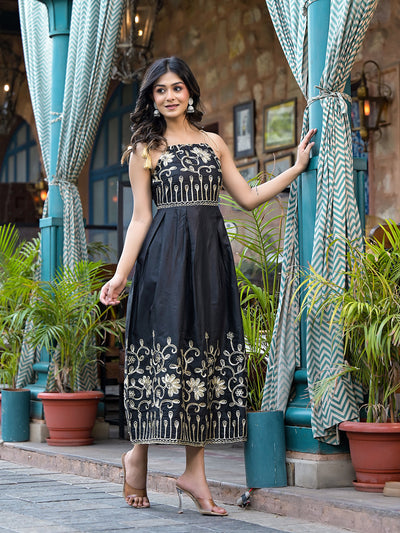 Black Gota Embroidered Midi Dress