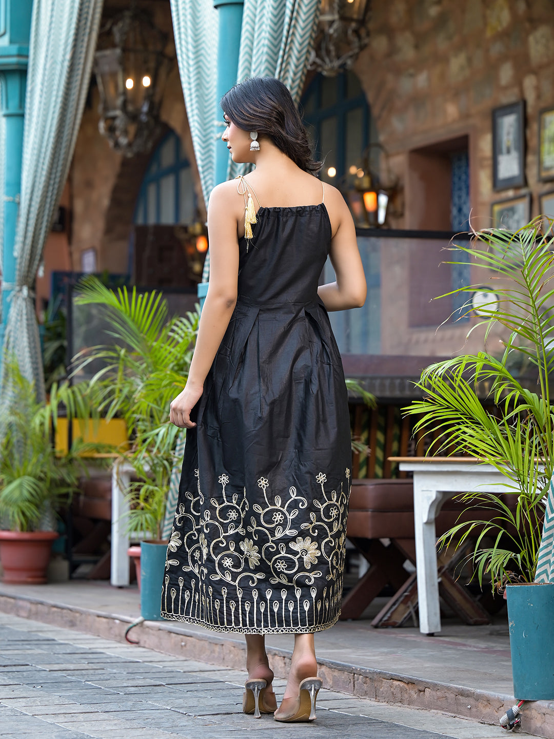 Black Gota Embroidered Midi Dress