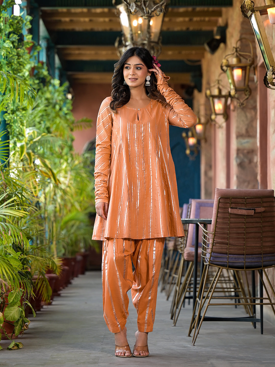 Orange Lurex pakistani Kurta Set