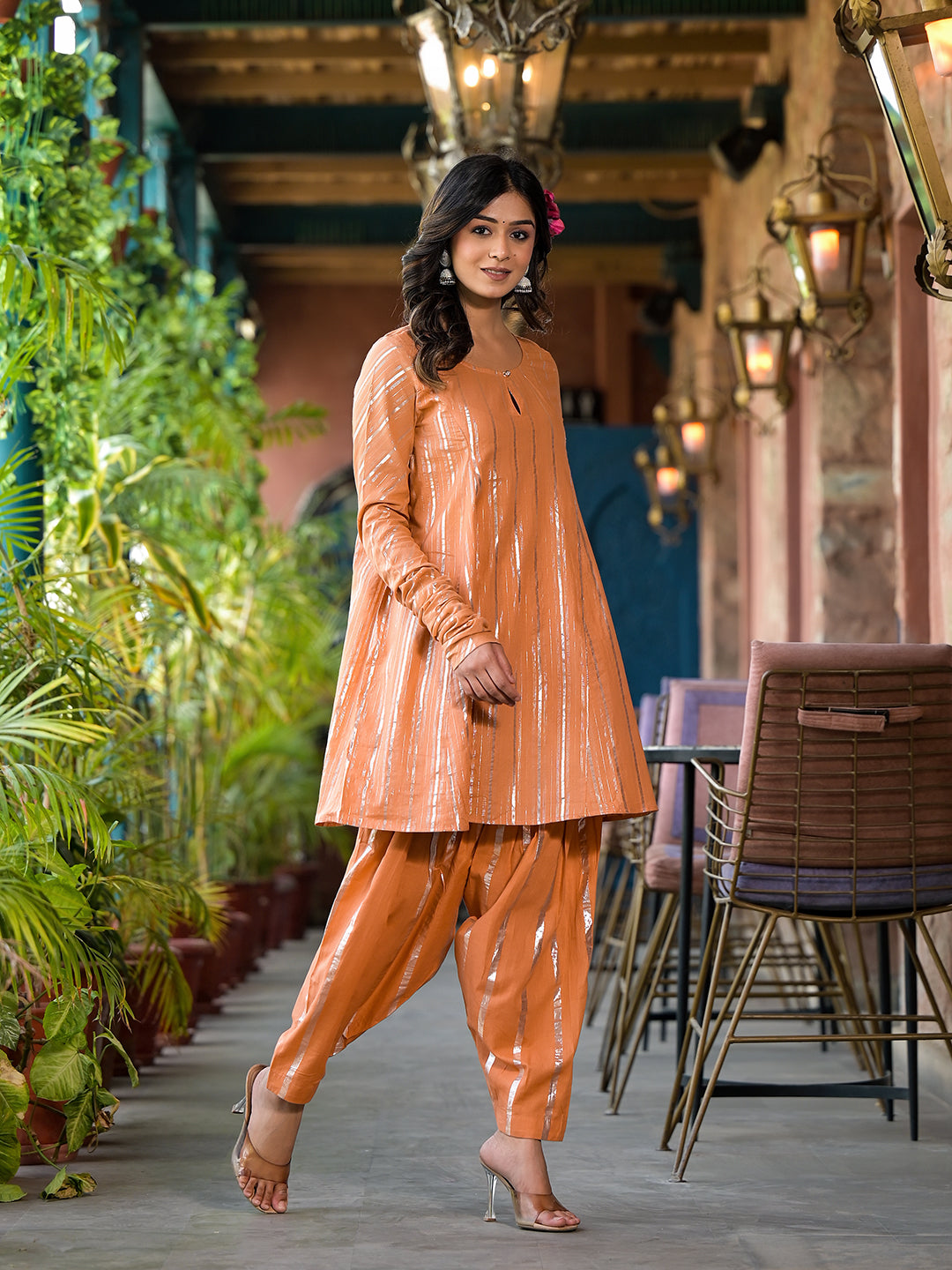 Orange Lurex pakistani Kurta Set