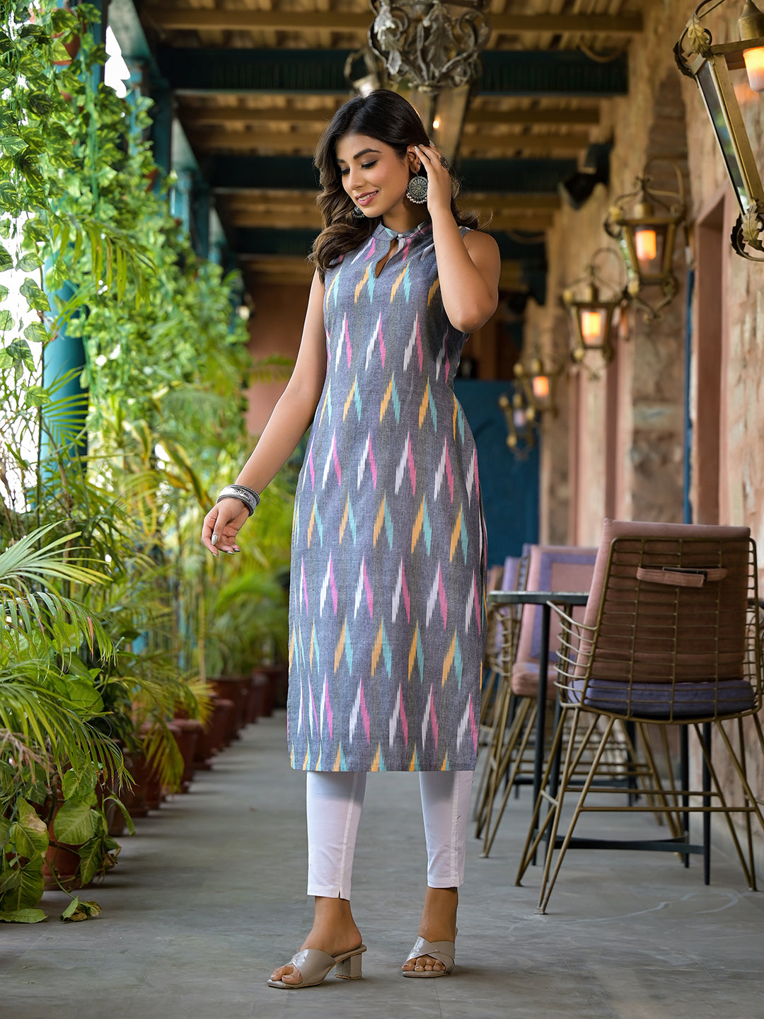 Grey Ikat Multicolored straight kurta