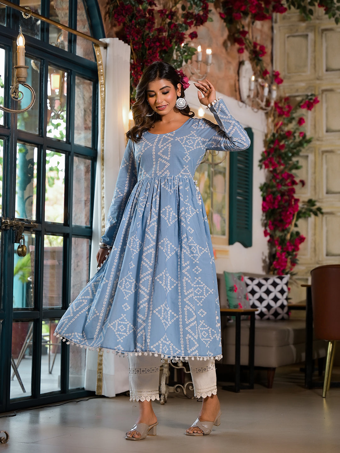 Sky Blue Bandhani Nyra Cut Kurta