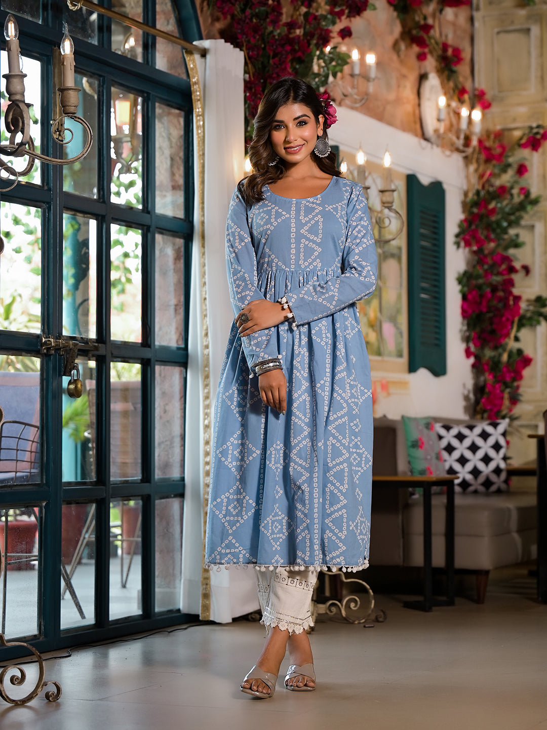 Sky Blue Bandhani Nyra Cut Kurta