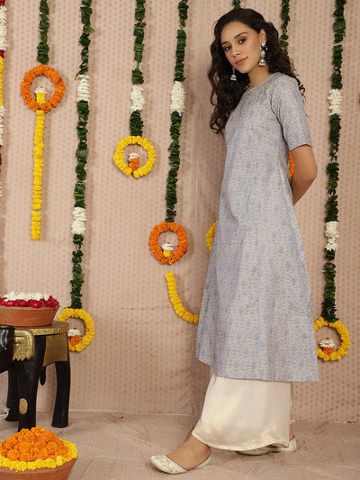 Powder Blue Banarasi Jacquard A-Line Kurta