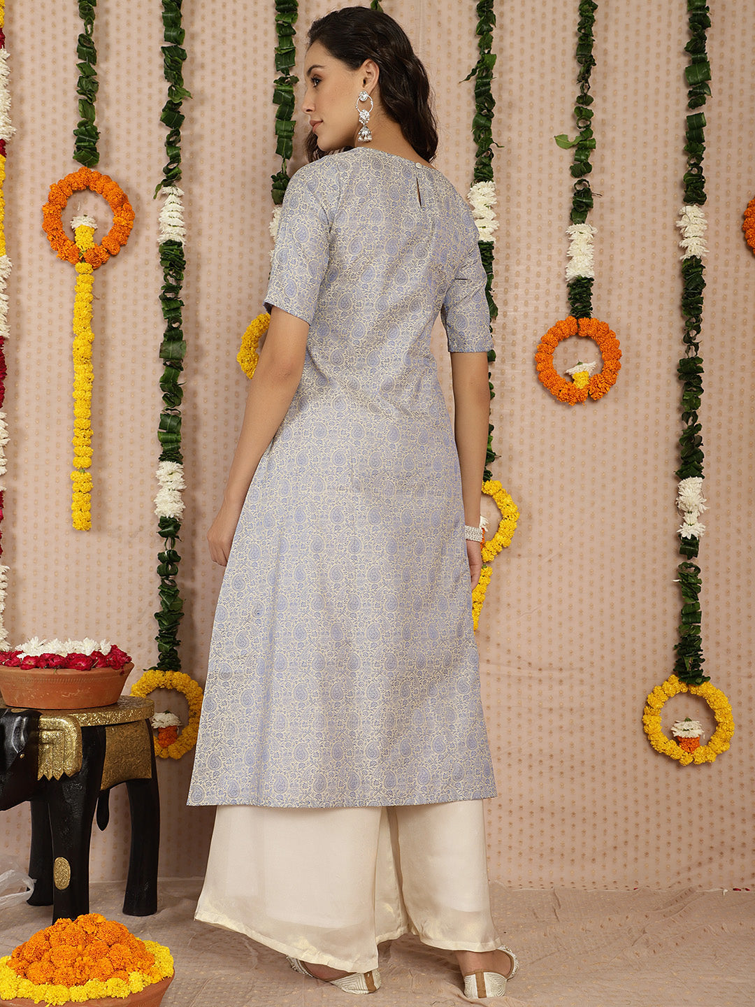 Powder Blue Banarasi Jacquard A-Line Kurta