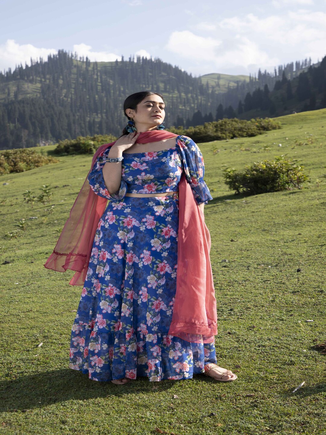 Navy Blue Floral Lehenga Choli with Dupatta