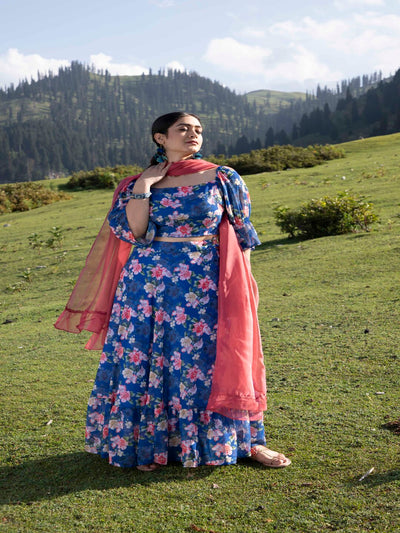 Navy Blue Floral Lehenga Choli with Dupatta