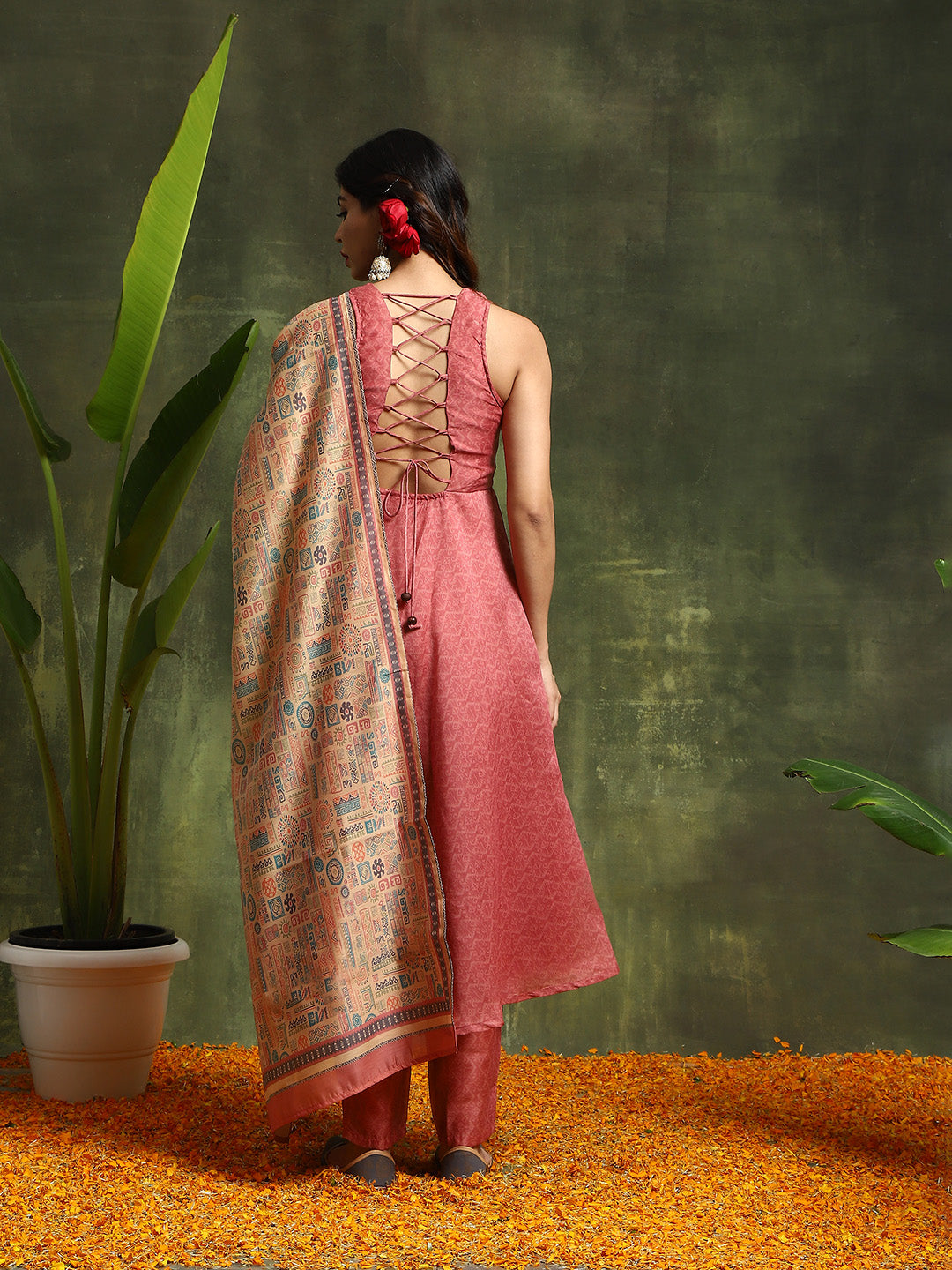 Pink Muslin Print Anarkali Kurta with tie-ups Suit Set