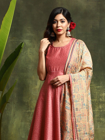 Pink Muslin Print Anarkali Kurta with tie-ups Suit Set