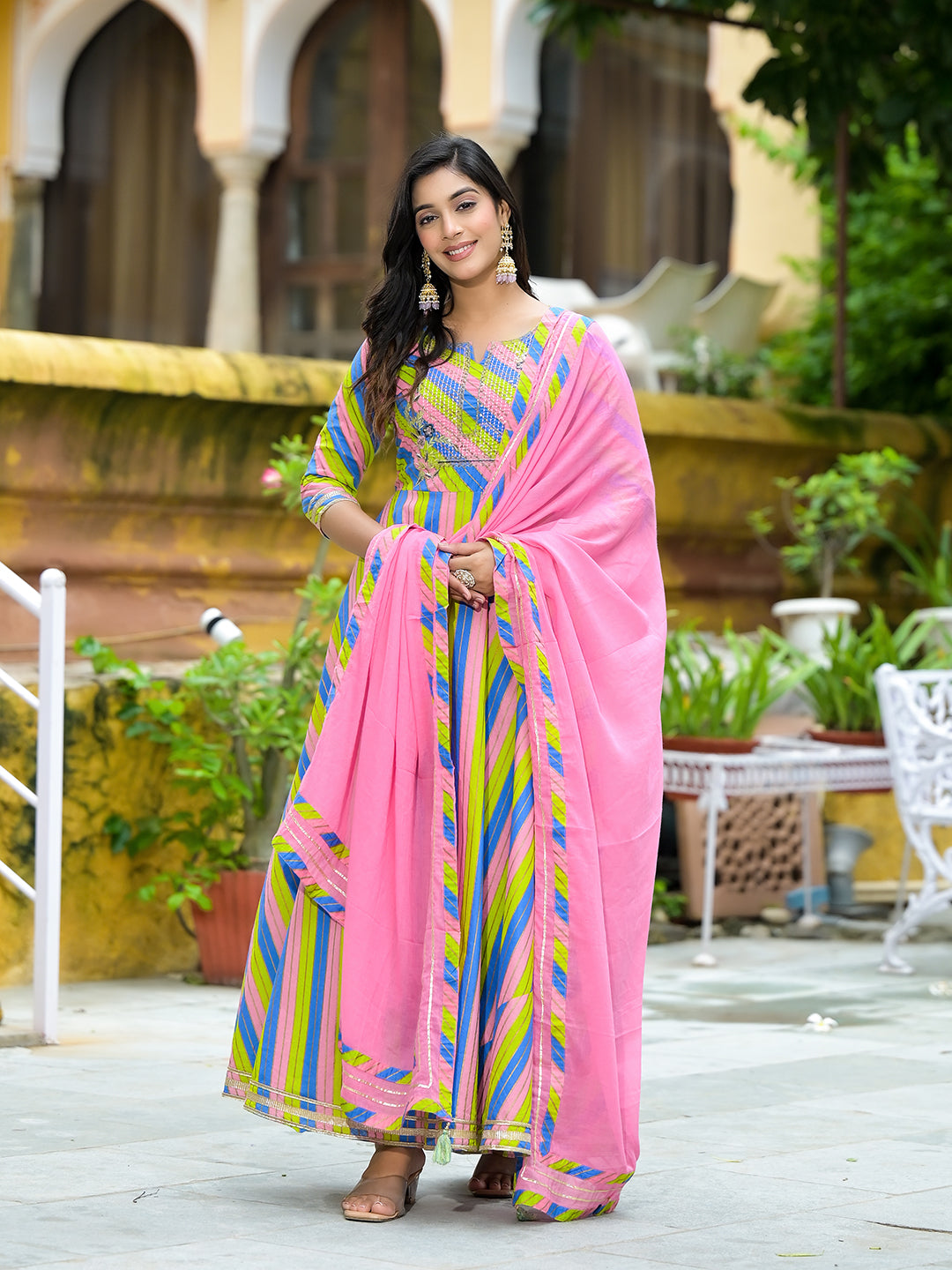 Leheriya Multicolor Anarkali with Dupatta