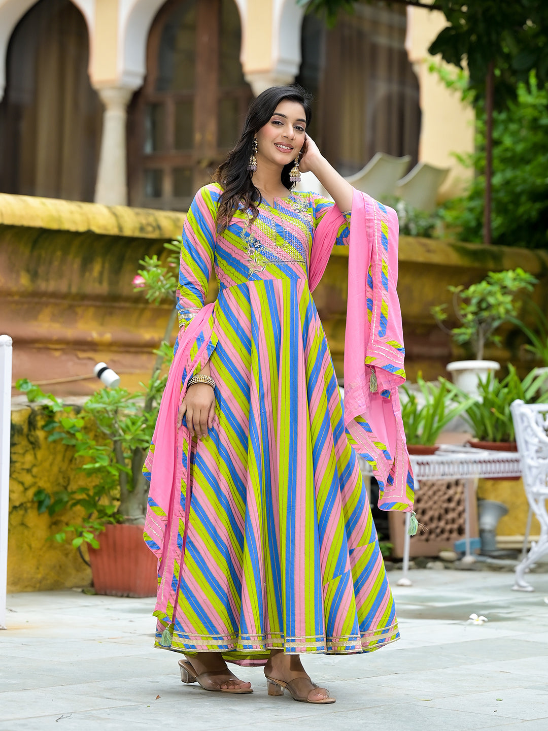 Leheriya Multicolor Anarkali with Dupatta