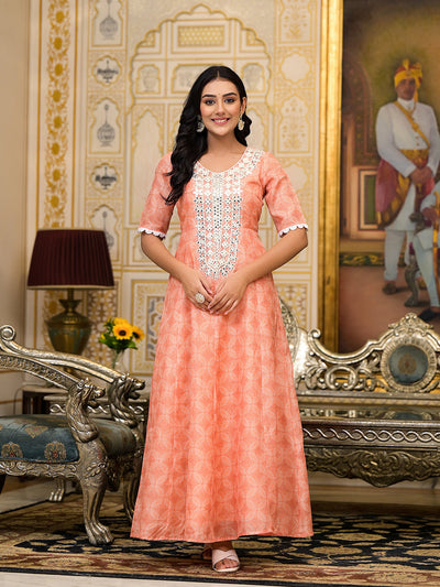 Peach Kota Doria maxi dress with Floral Dupatta