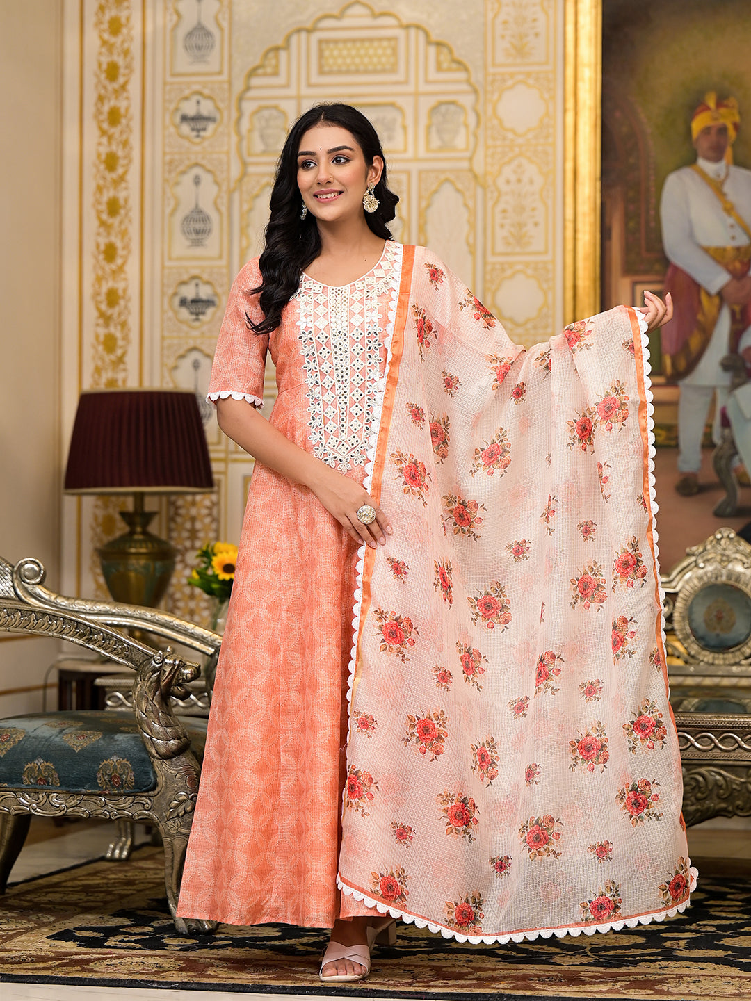 Peach Kota Doria maxi dress with Floral Dupatta