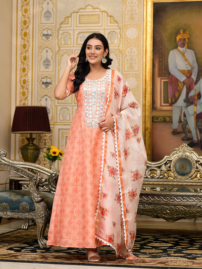 Peach Kota Doria maxi dress with Floral Dupatta