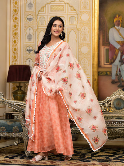 Peach Kota Doria maxi dress with Floral Dupatta