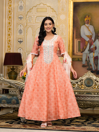 Peach Kota Doria maxi dress with Floral Dupatta