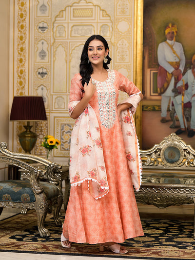 Peach Kota Doria maxi dress with Floral Dupatta