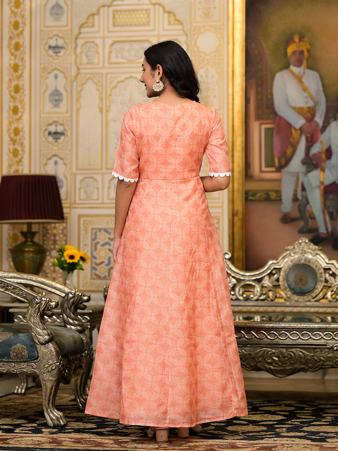 Peach Kota Doria maxi dress with Floral Dupatta