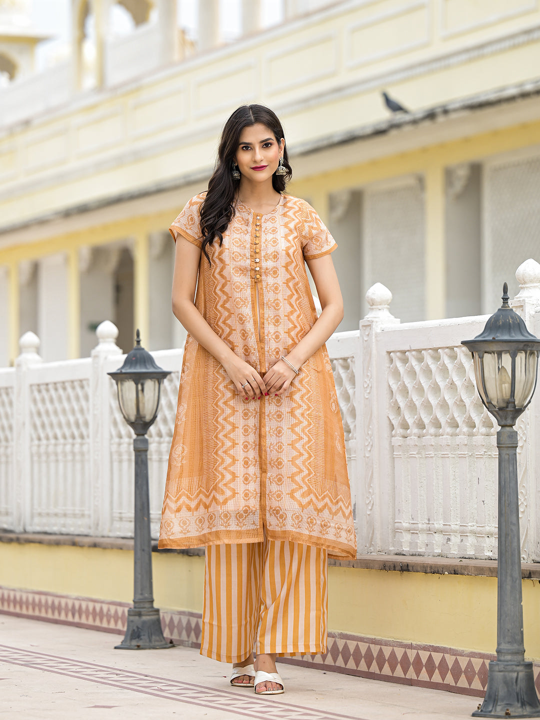 Mustard jacket pattern A-Linne Kurta Set