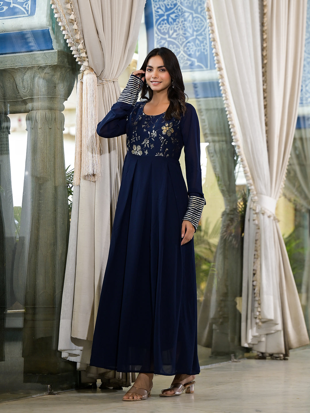 Navy Blue Sequinned Maxi Dress