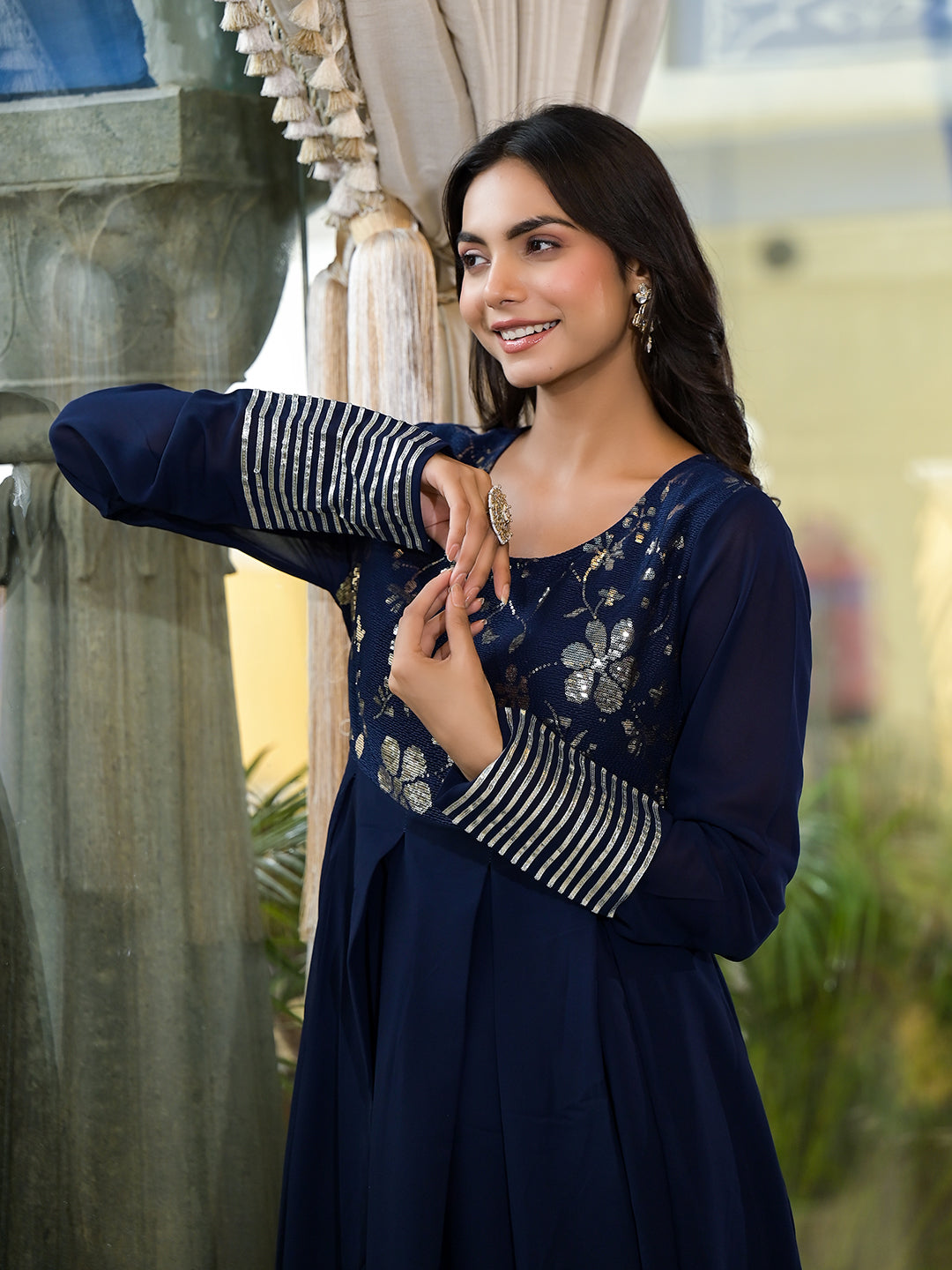 Navy Blue Sequinned Maxi Dress