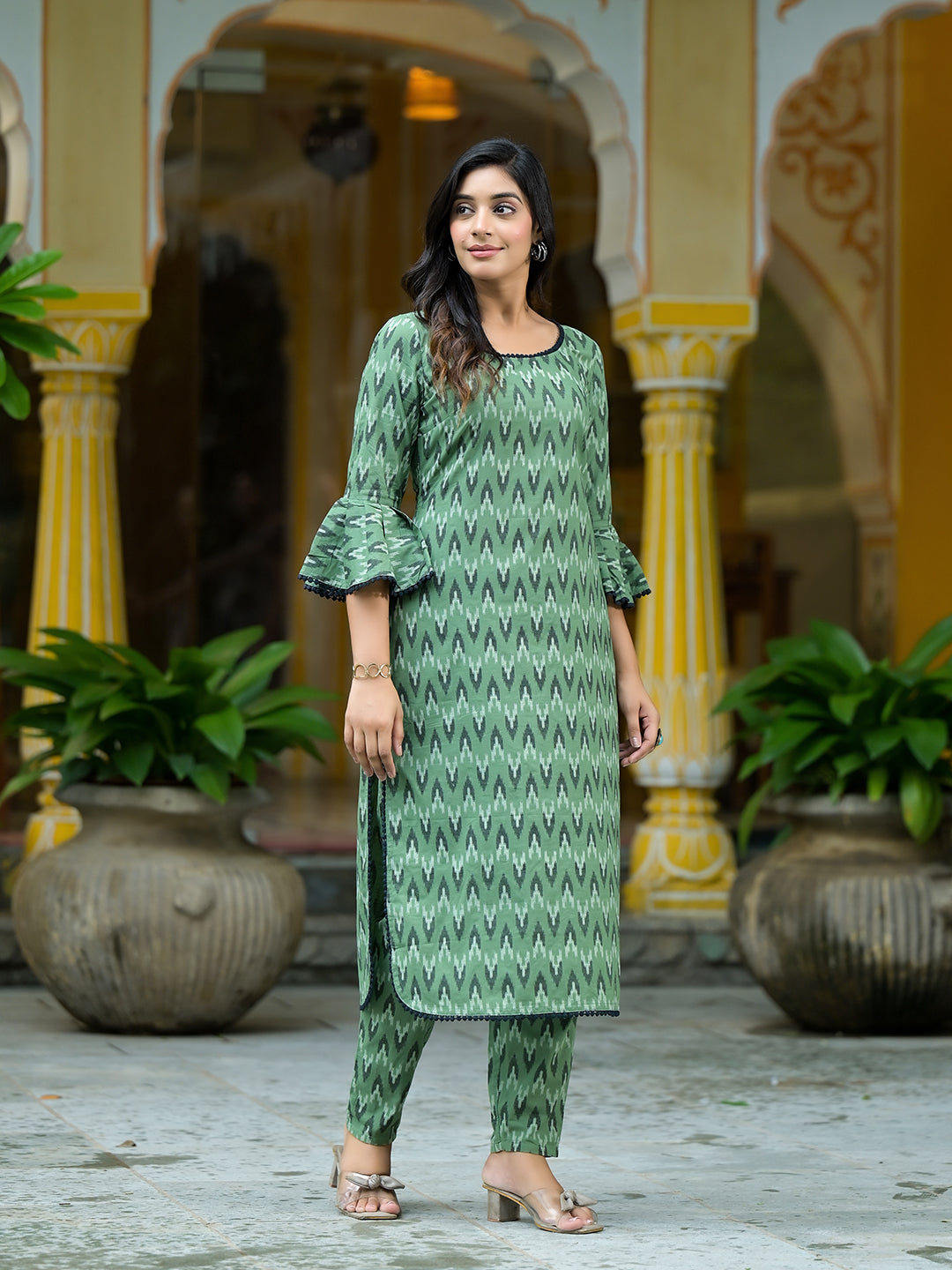 Green Ikat printed Kurta Set