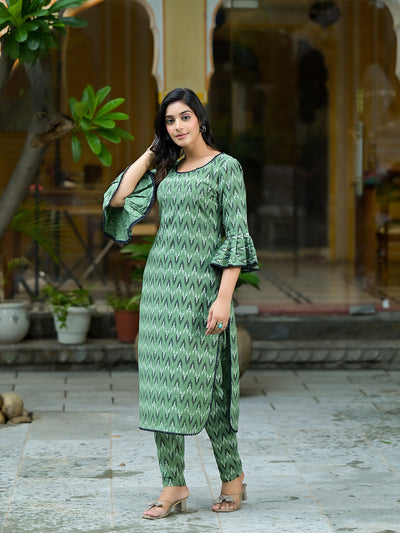 Green Ikat printed Kurta Set