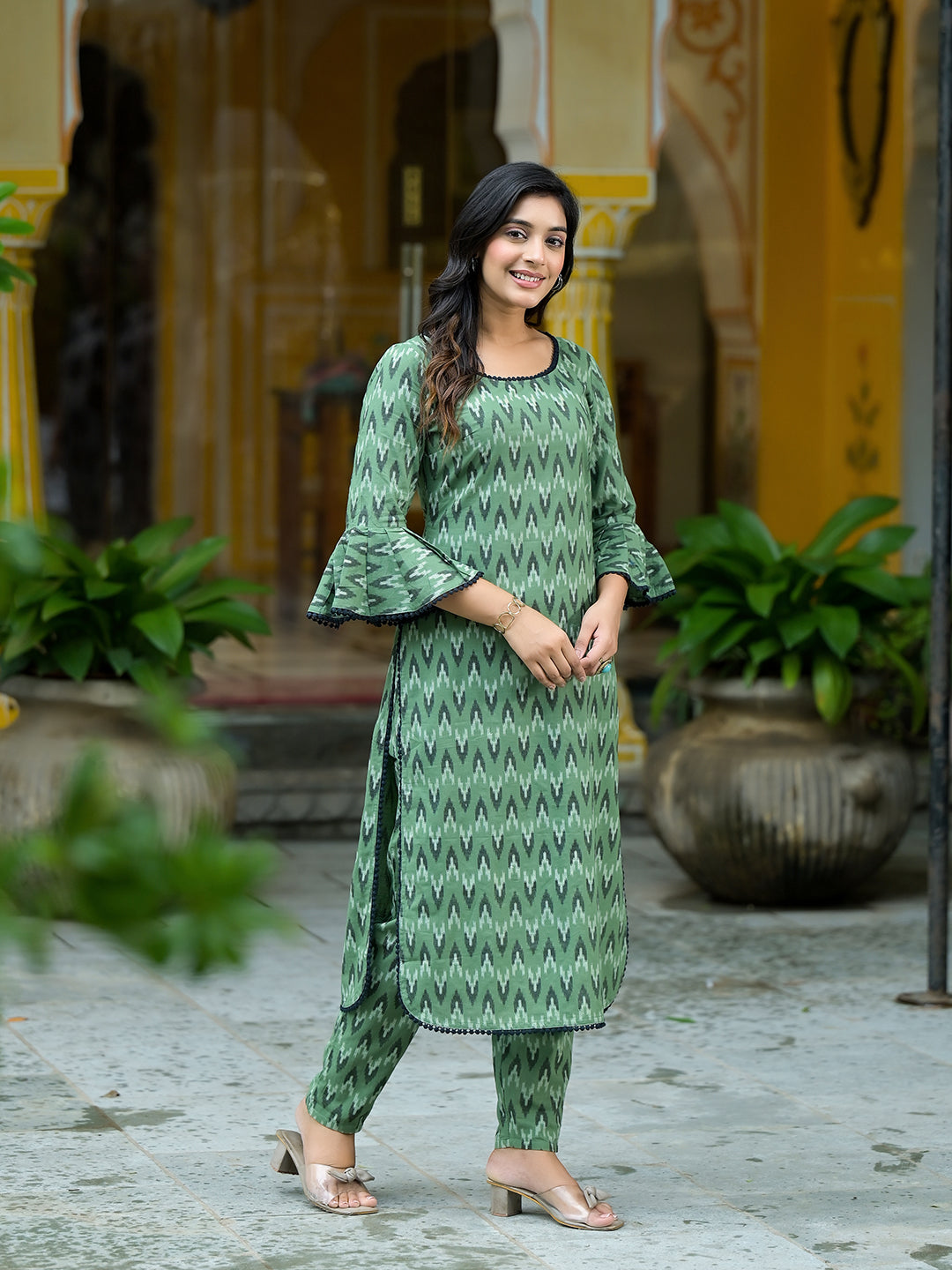 Green Ikat printed Kurta Set