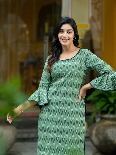 Green Ikat printed Kurta Set