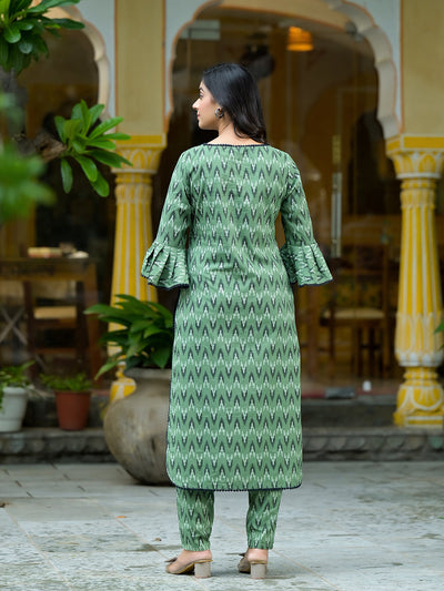 Green Ikat printed Kurta Set