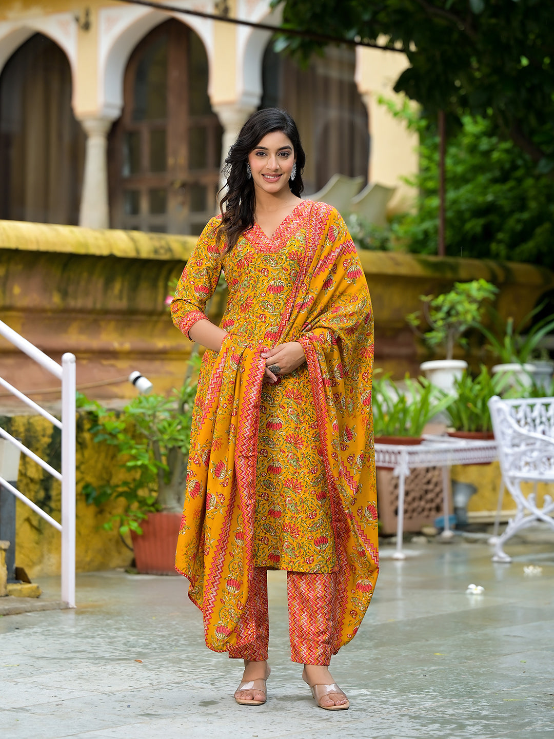 Mustard Silk Gold Foil Printed Suit Set