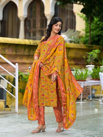 Mustard Silk Gold Foil Printed Suit Set