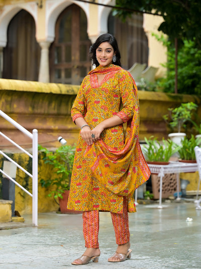 Mustard Silk Gold Foil Printed Suit Set