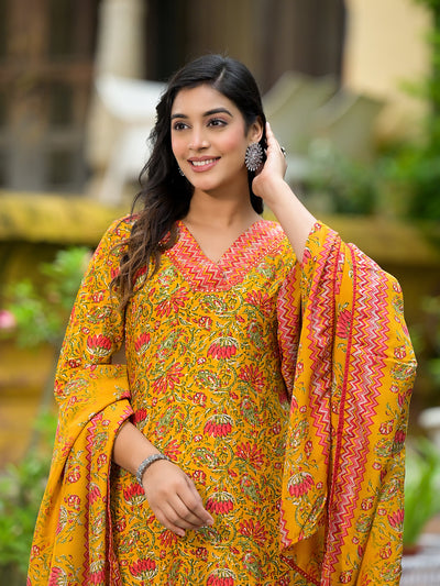 Mustard Silk Gold Foil Printed Suit Set