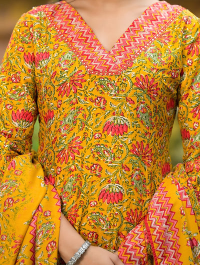 Mustard Silk Gold Foil Printed Suit Set