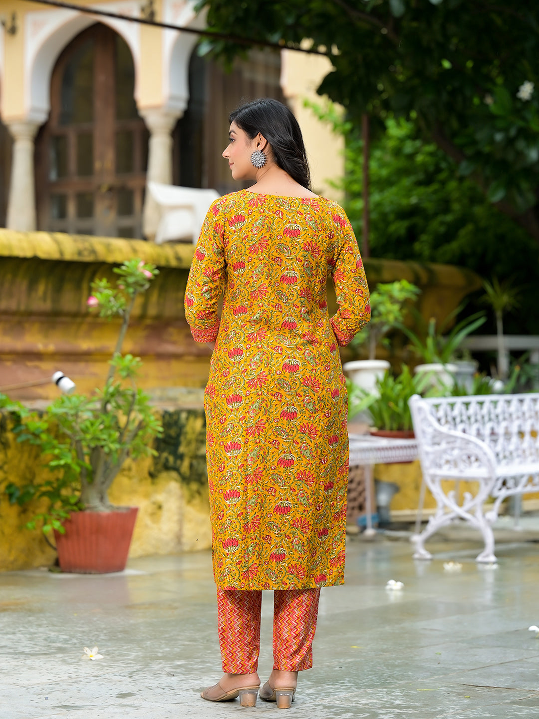 Mustard Silk Gold Foil Printed Suit Set