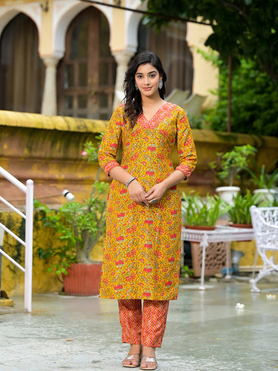 Mustard Silk Gold Foil Printed Suit Set