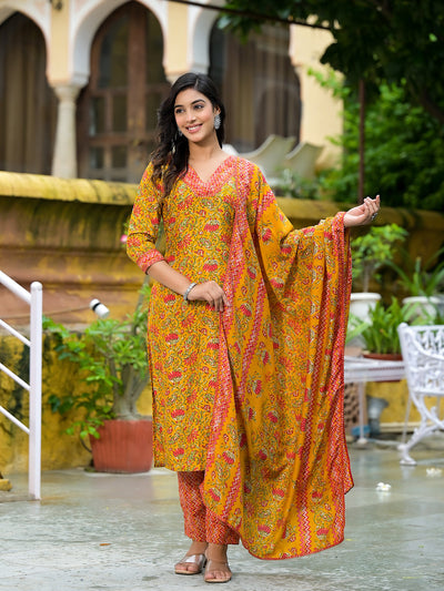 Mustard Silk Gold Foil Printed Suit Set